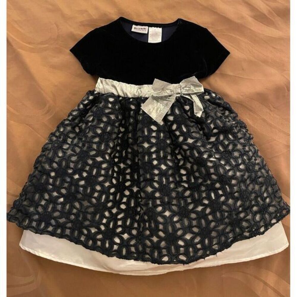 Blueberi Boulevard Girls Dress Navy Puffy Lined Velour‎ Size 4T